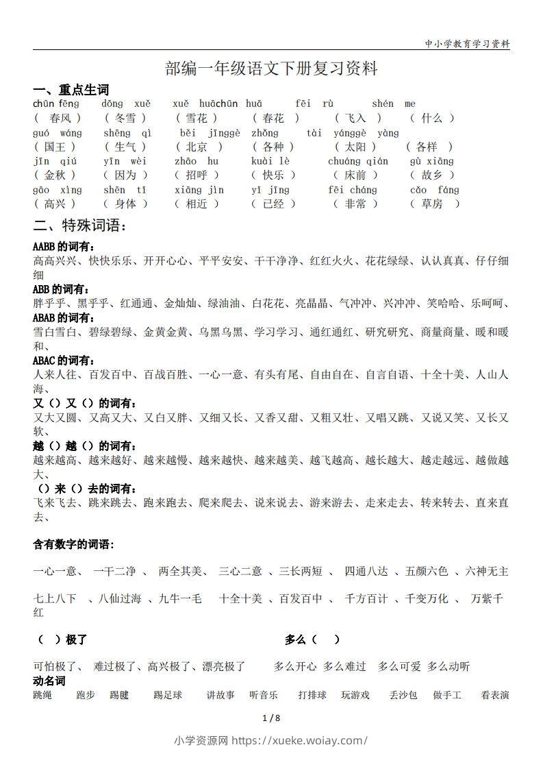 一年级语文下册复习资料(全面、经典)-六八学科资料网