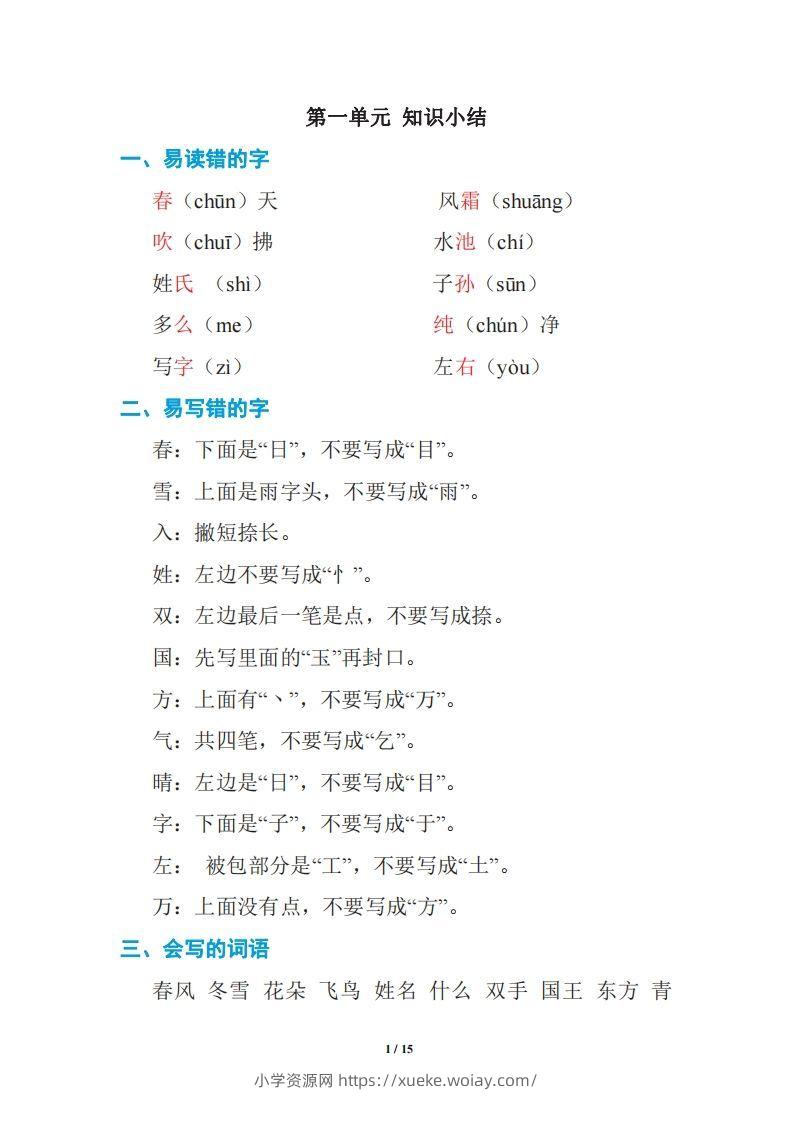 语文一年级下册期中复习知识要点-六八学科资料网