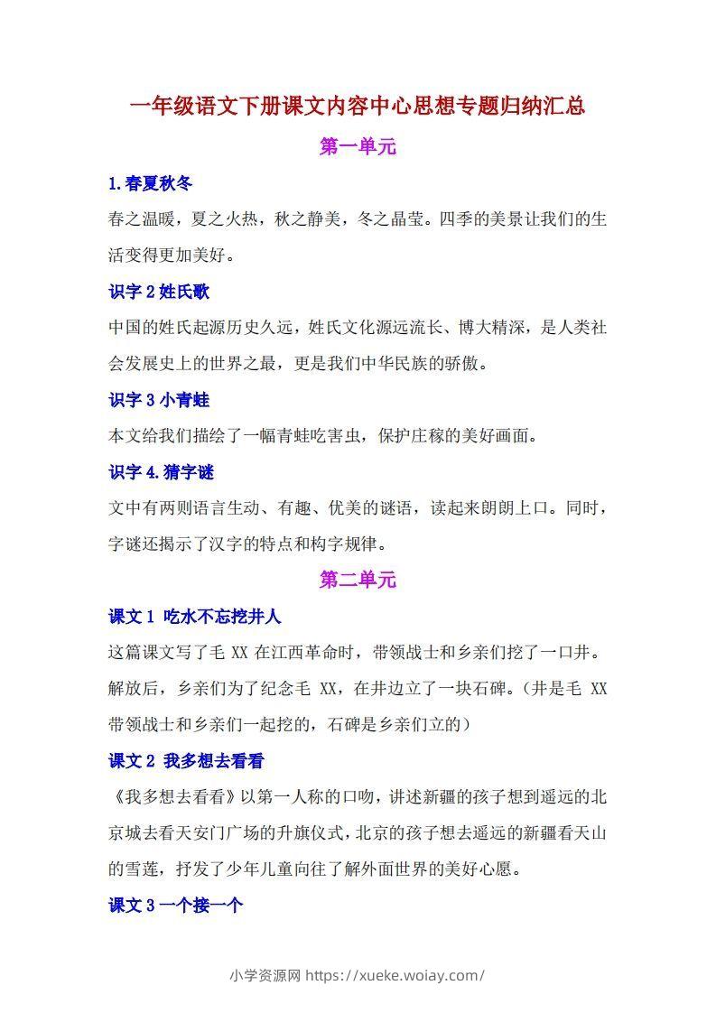 一年级语文下册课文内容中心思想专题归纳汇总-六八学科资料网