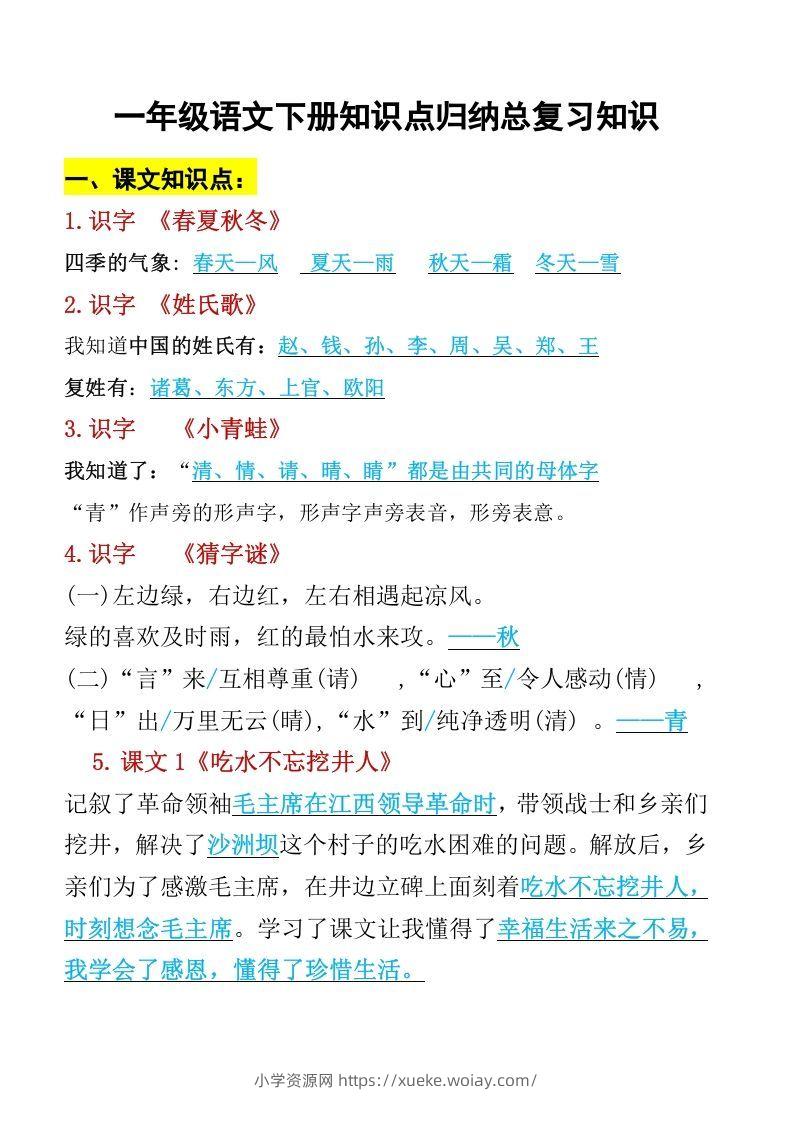 一年级语文下册知识点归纳期末总复习知识-六八学科资料网