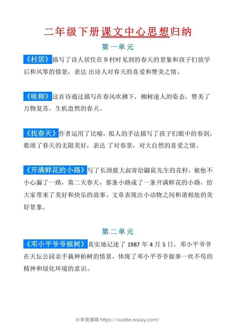 统编版语文二年级（下册）课文内容中心思想归纳汇总-六八学科资料网