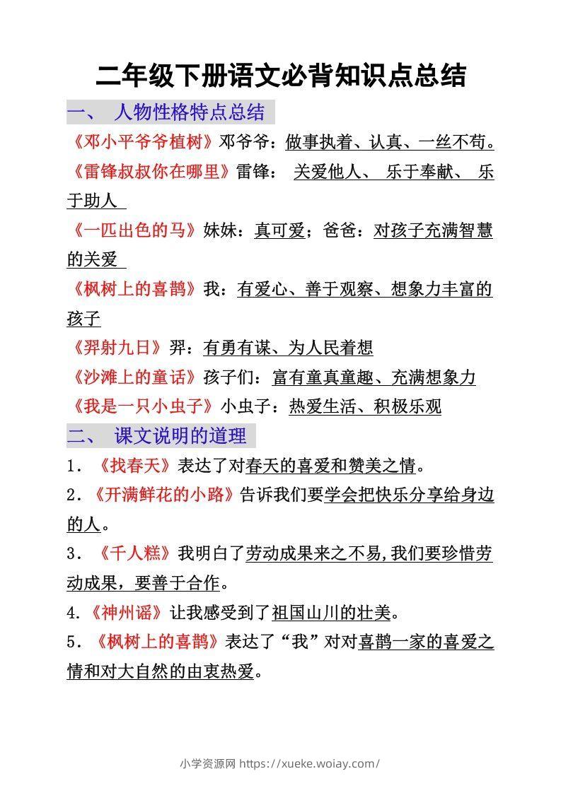 二年级下册语文必背重点知识点-六八学科资料网