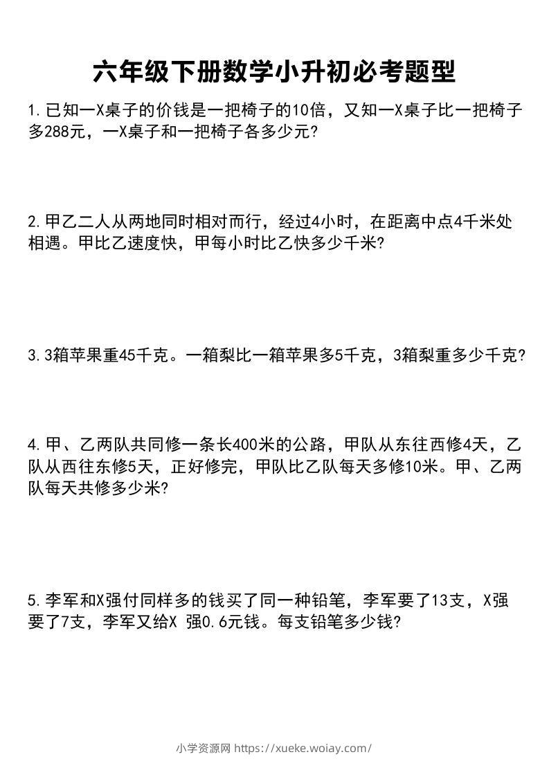六年级下册数学小升初必考题型1-六八学科资料网