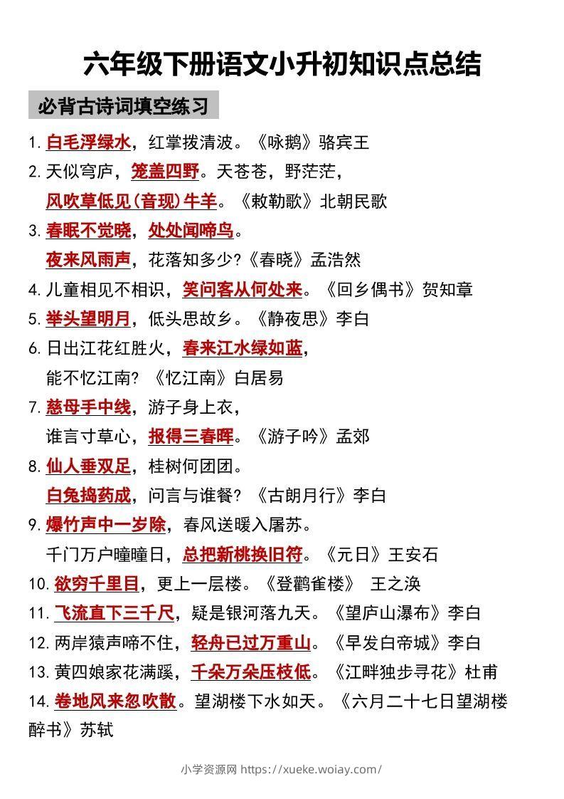 六年级下册语文小升初知识点总结-六八学科资料网