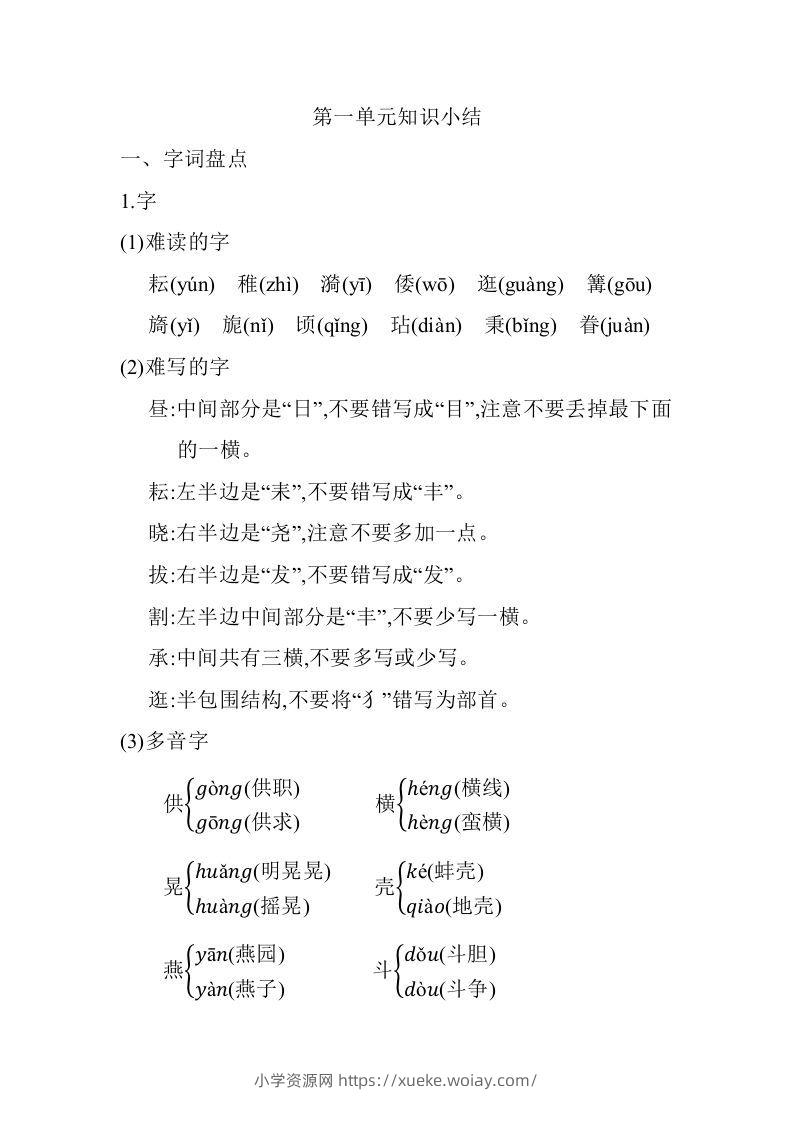 五年级语文下册01.第一单元知识小结（部编版）-六八学科资料网