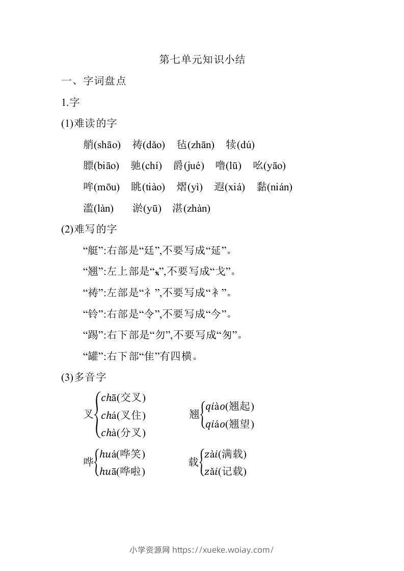 五年级语文下册第七单元知识小结（部编版）-六八学科资料网