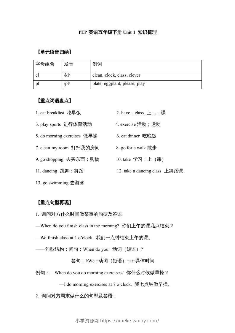 五年级英语下册【完美】单元知识梳理-Unit1Myday（人教PEP版）-六八学科资料网