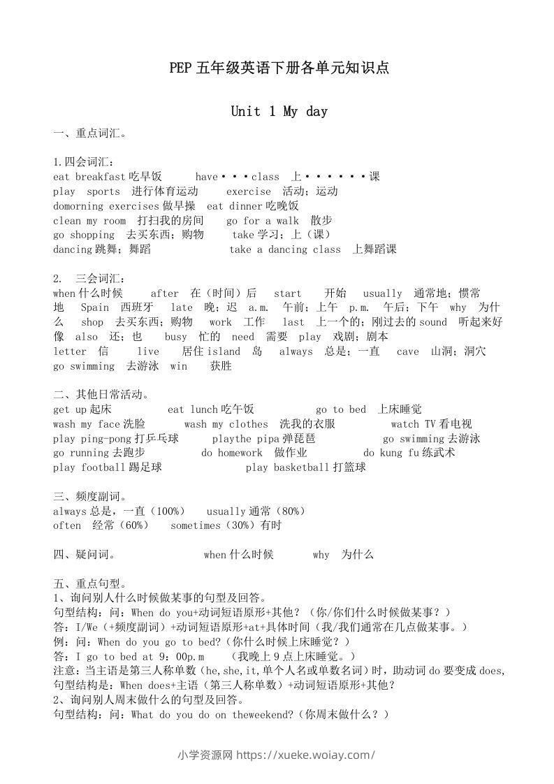 五年级英语下册五英下知识点21页（人教PEP版）-六八学科资料网