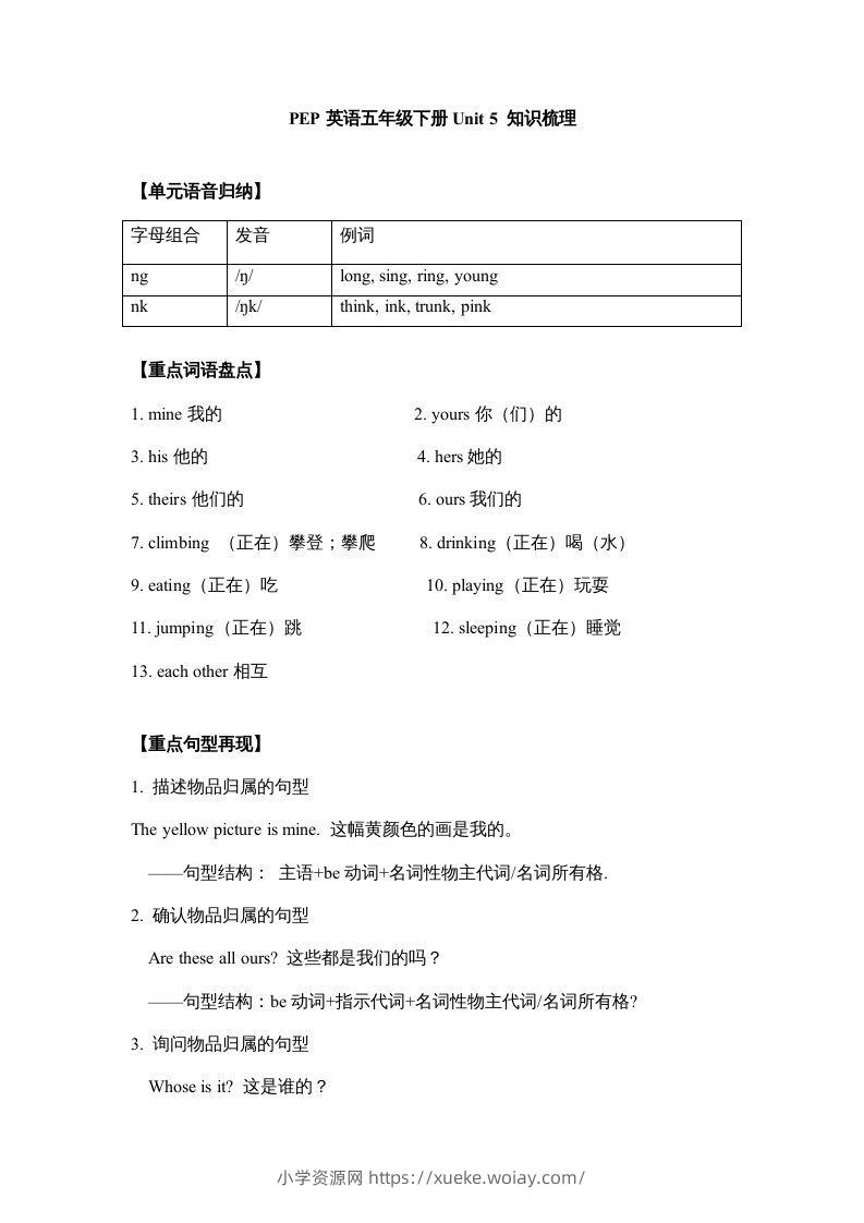 五年级英语下册【完美】单元知识梳理-Unit5Whosedogisit（人教PEP版）-六八学科资料网
