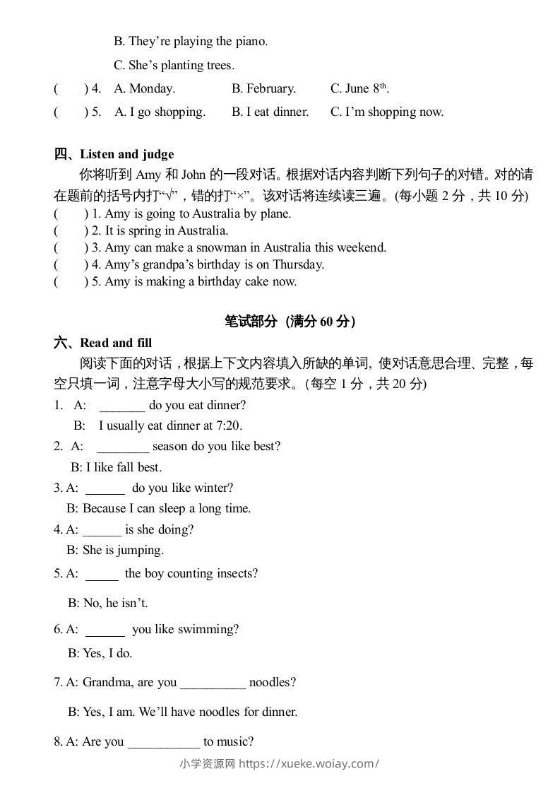 图片[3]-五年级英语下册期末测试卷2（人教PEP版）-六八学科资料网