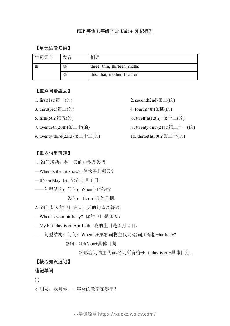 五年级英语下册单元知识梳理-Unit4Whenistheartshow（人教PEP版）-六八学科资料网