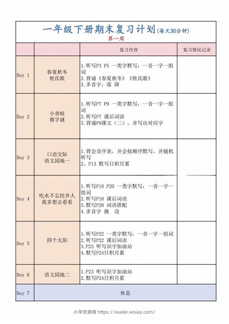 一下语文复习计划表-六八学科资料网