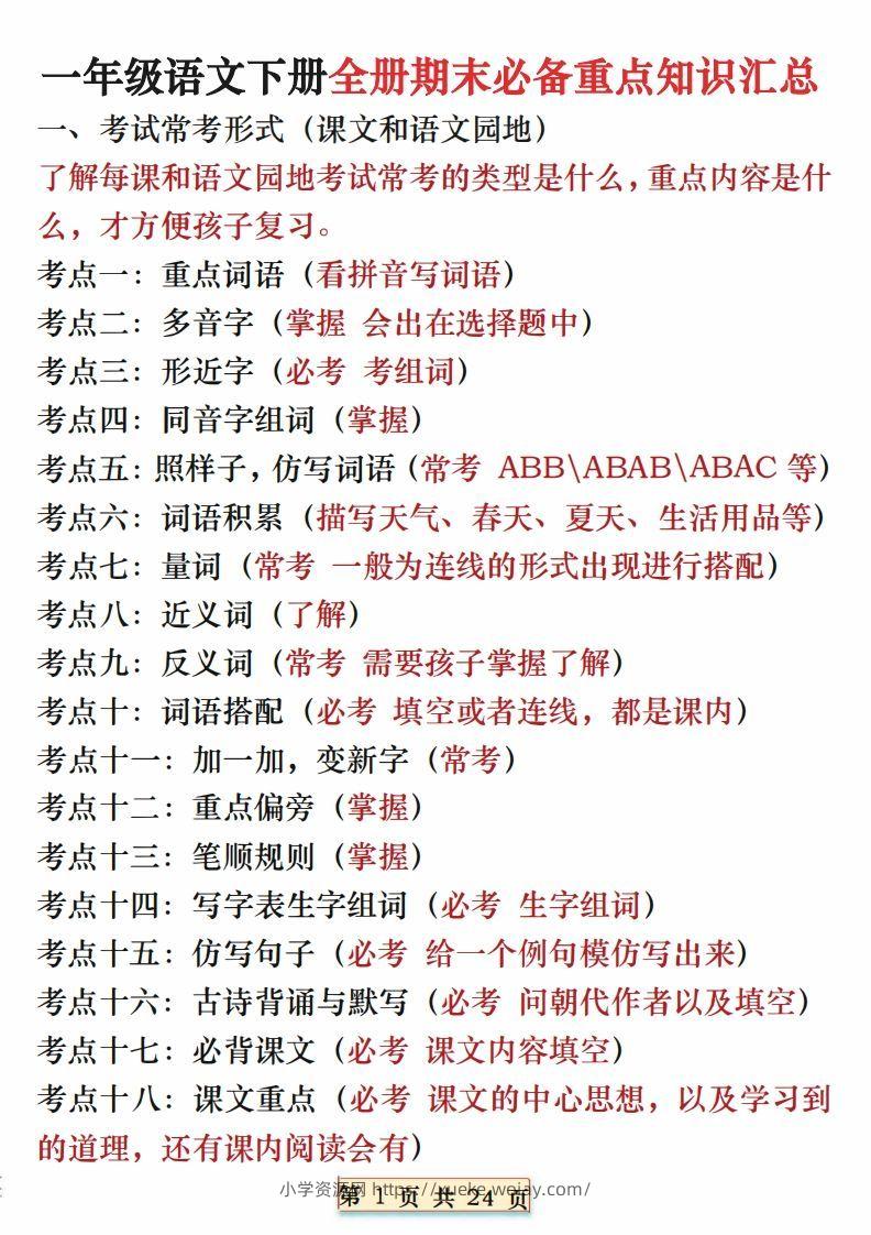 期末复习重点知识汇总一下语文-六八学科资料网