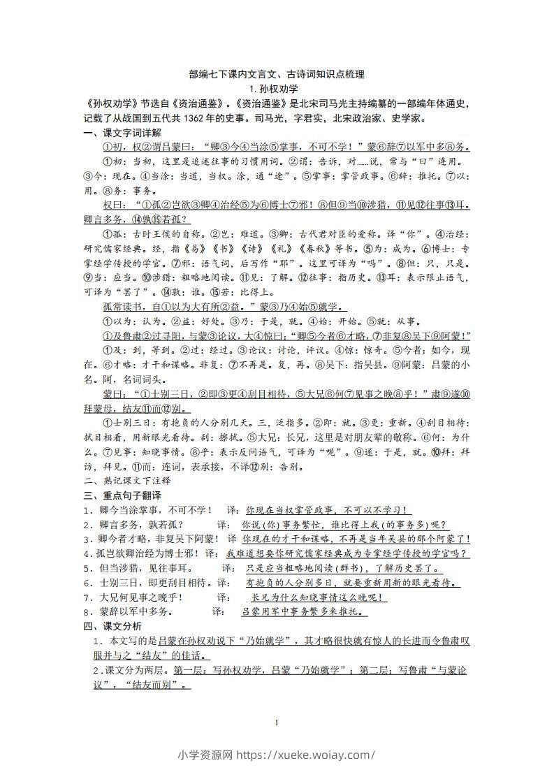 部编人教版七年级下册语文课内文言文、古诗词知识点梳理-六八学科资料网