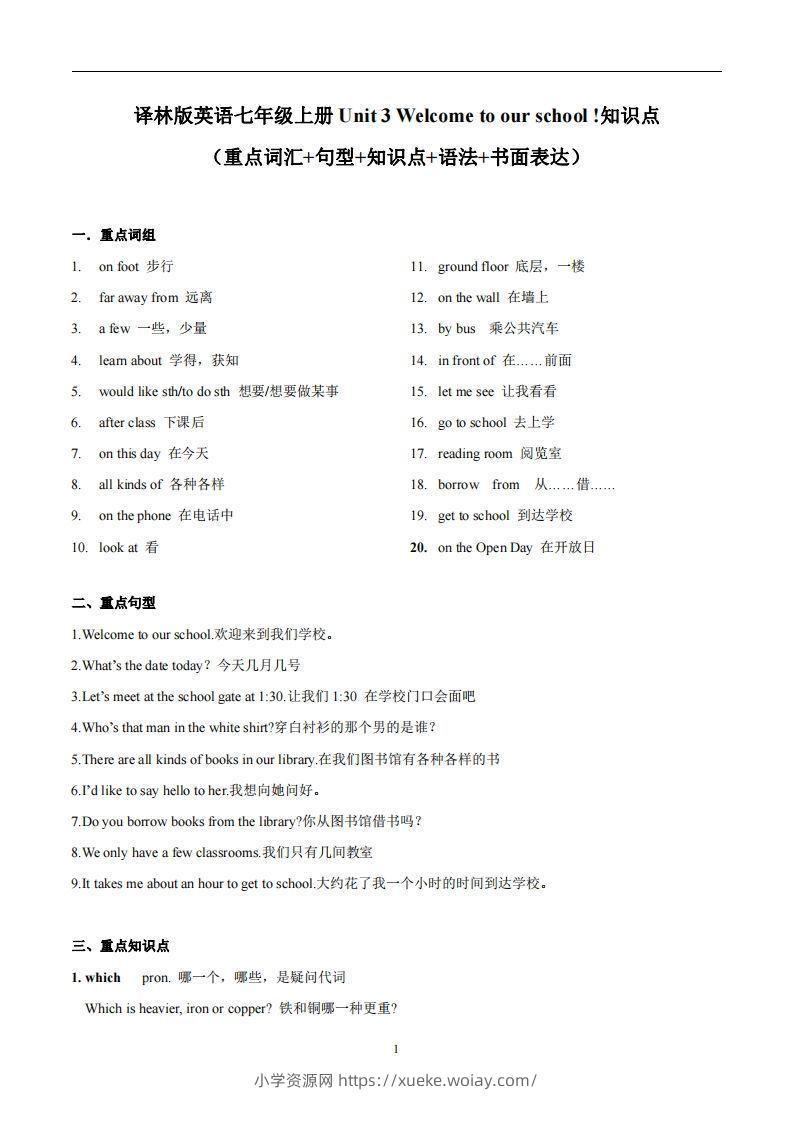 译林版英语七年级上册‬Unit3Welcometoourschool知识点_decrypted-六八学科资料网