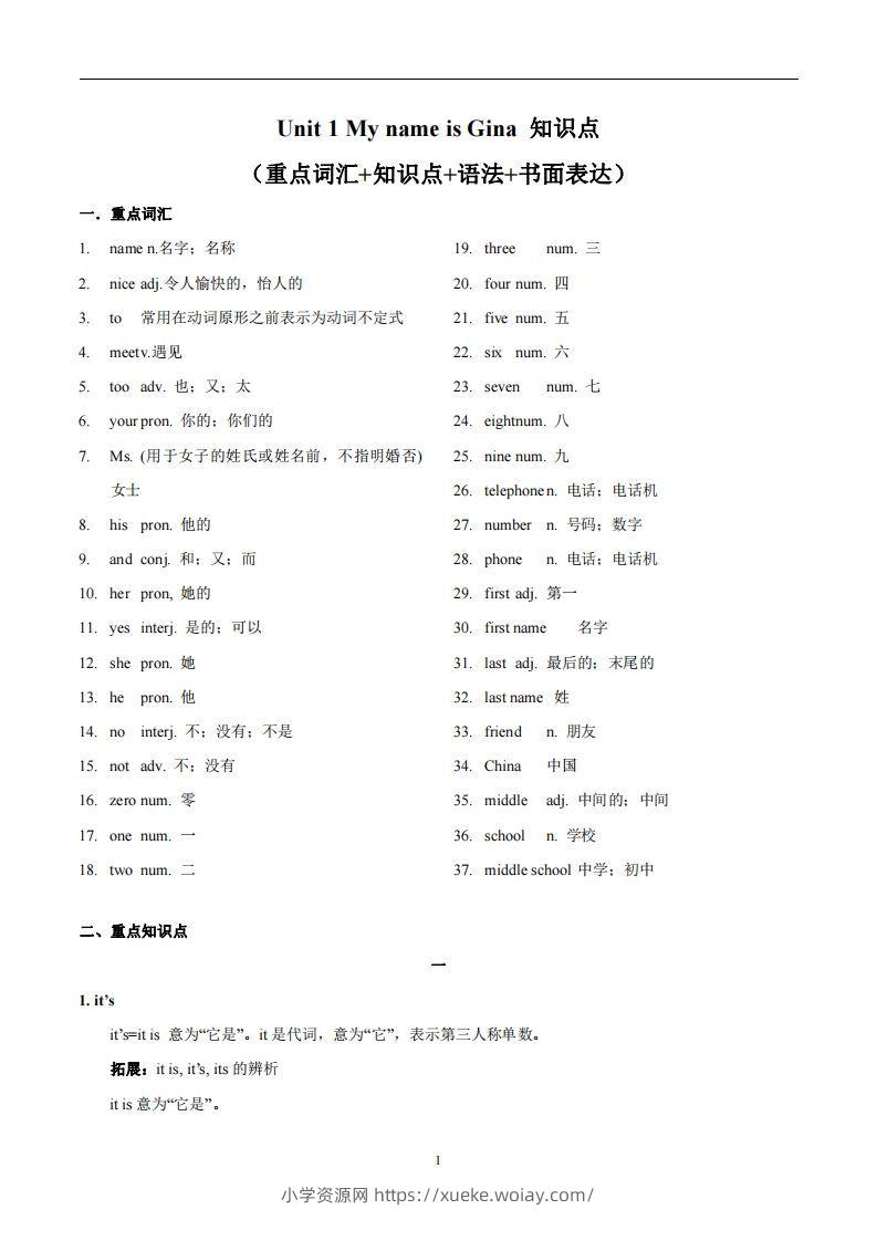 人教版英语七年级上Unit1MynameisGina.知识点_-六八学科资料网