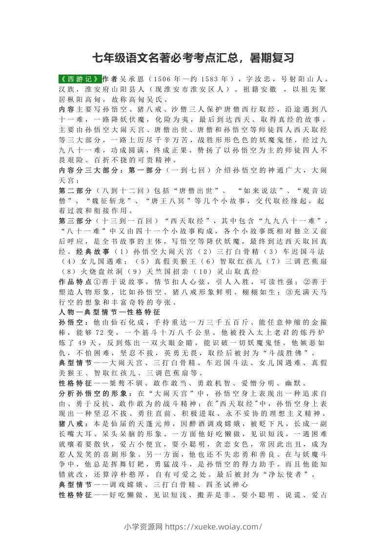 七年级语文名著必考考点汇总，暑期复习-六八学科资料网