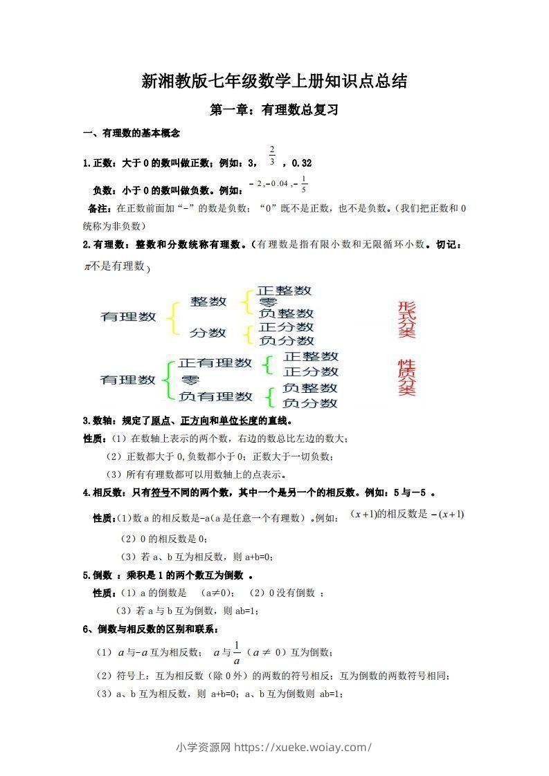 湘教版数学七年级上册知识点汇总-六八学科资料网