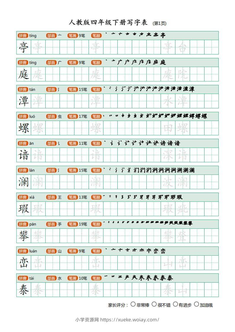 四年级语文下册写字表（20页）PDF（部编版）-六八学科资料网