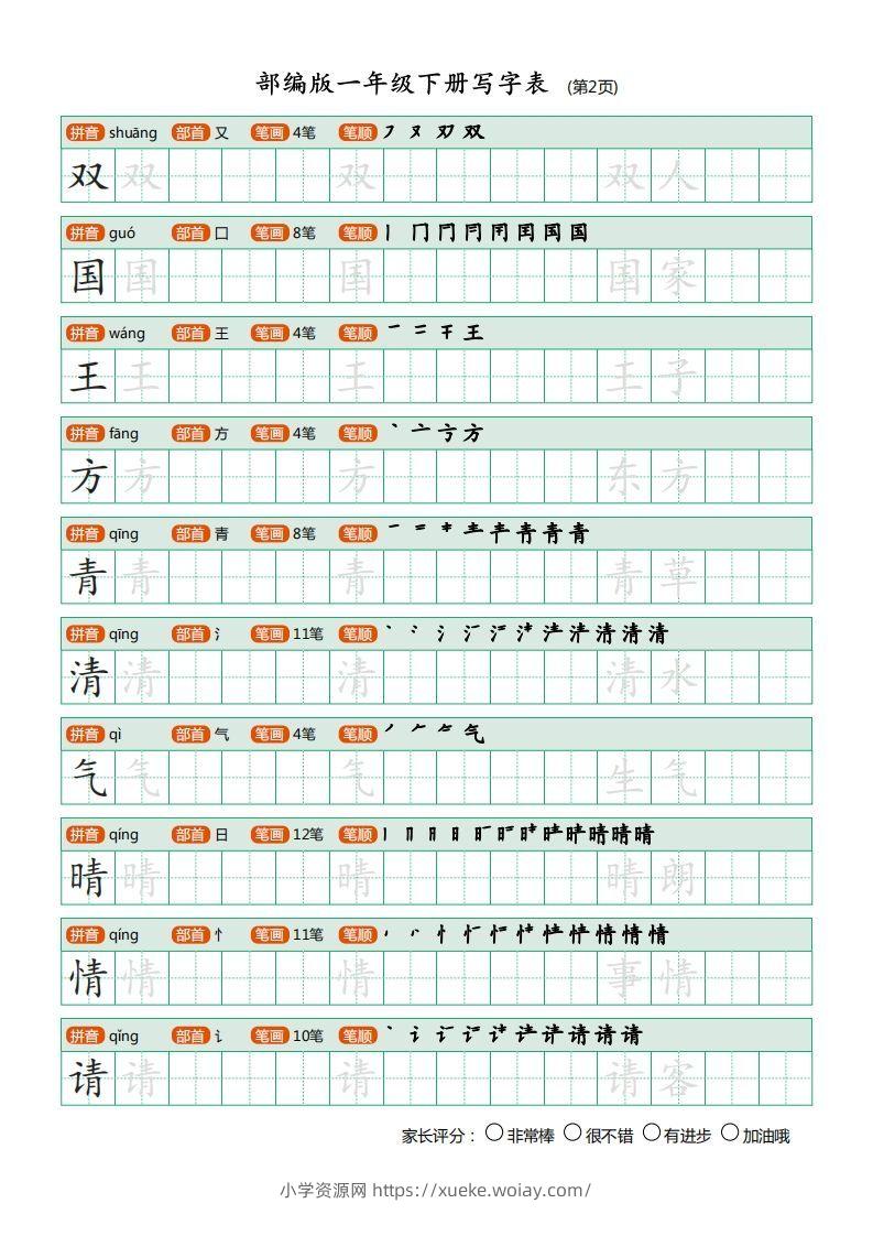 图片[2]-一年级语文下册写字表描红(含拼音笔顺词组)（20页）PDF（部编版）-六八学科资料网