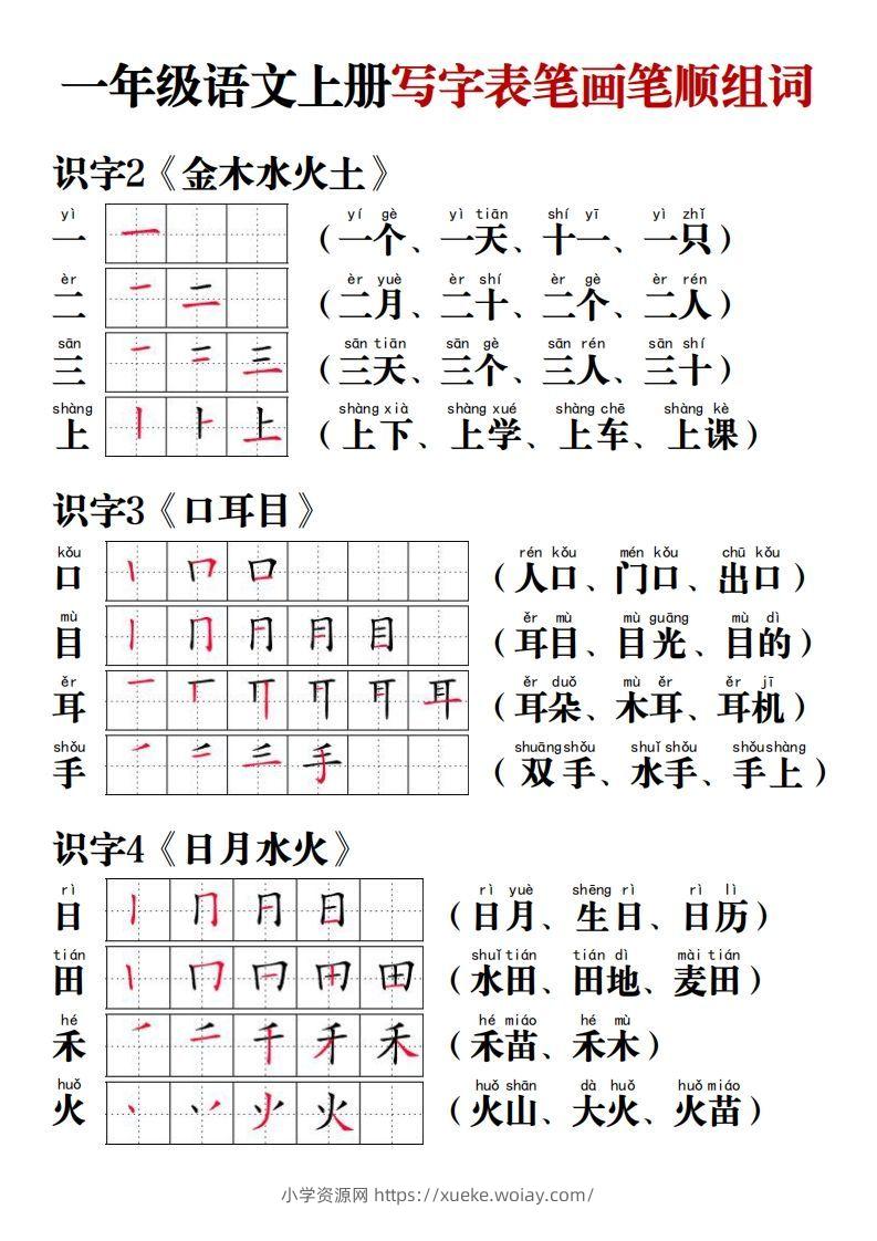 【写字表笔画笔顺组词】一上语文-六八学科资料网