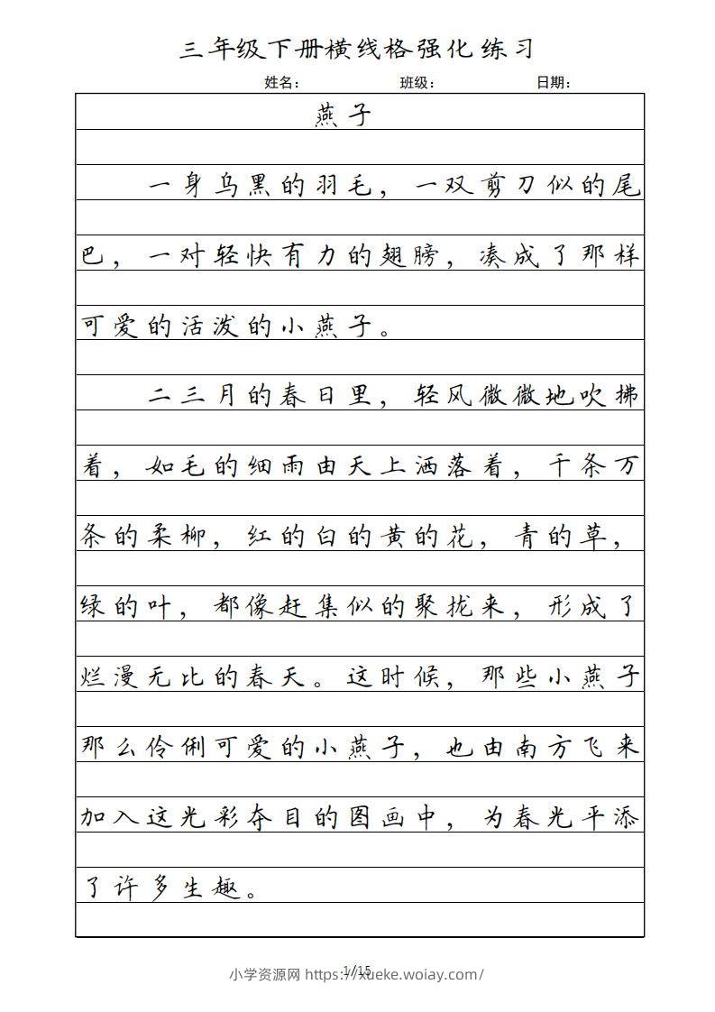 三年级语文下册横线格（部编版）-六八学科资料网