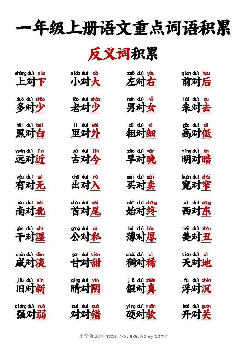 【反义词对子歌】一上语文-六八学科资料网