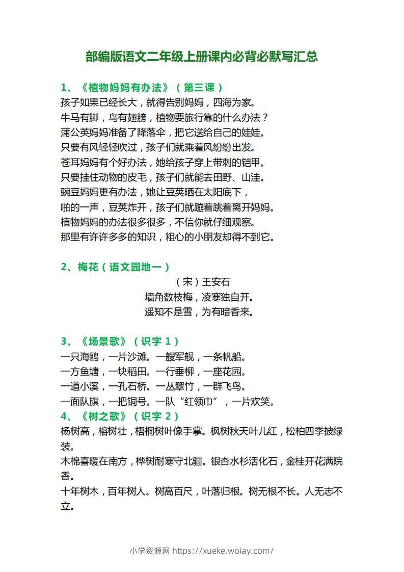 二上语文必背课文内容、古诗、日积月累-六八学科资料网