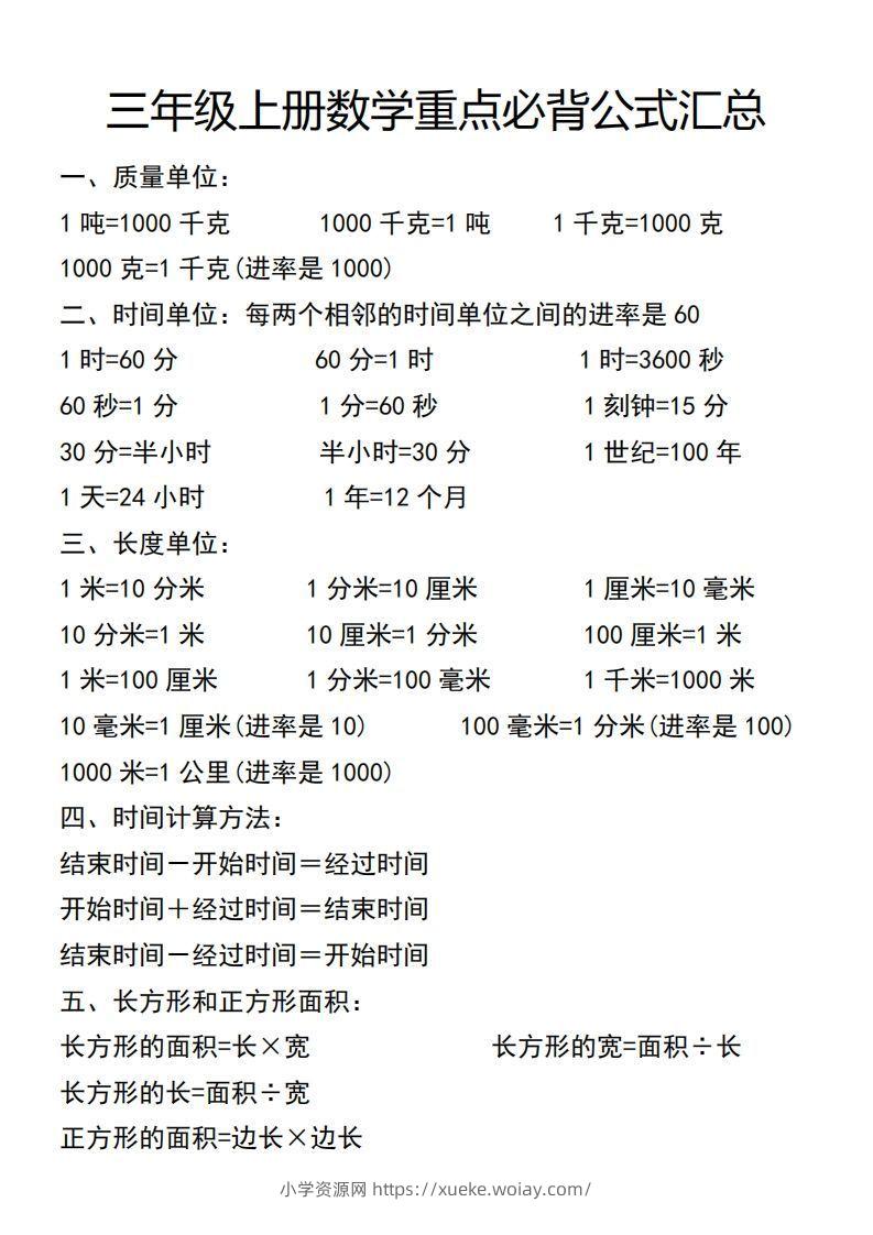 三年级上册数学必背公式汇总-六八学科资料网
