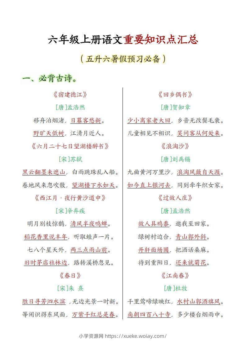 六年级上册语文重要知识点汇总-六八学科资料网