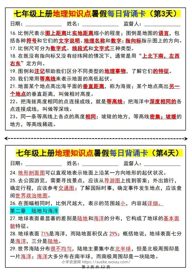 图片[2]-七上地理知识点暑假每日背诵卡-六八学科资料网