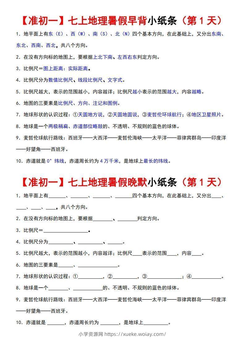 七上地理早背晚练小纸条-六八学科资料网