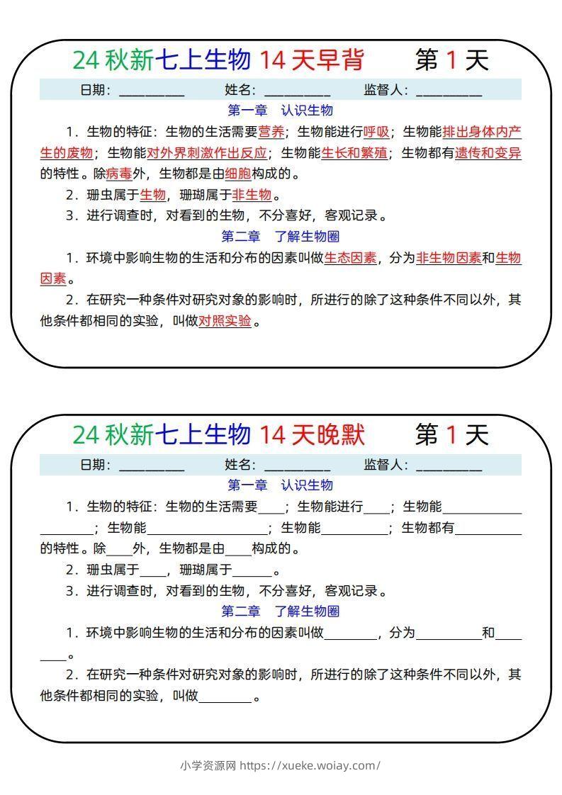 24秋新七上生物14天早背晚默-六八学科资料网