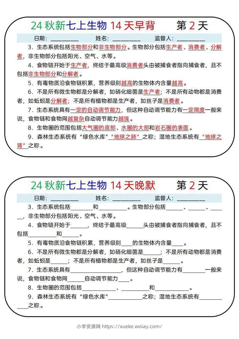 图片[2]-24秋新七上生物14天早背晚默-六八学科资料网