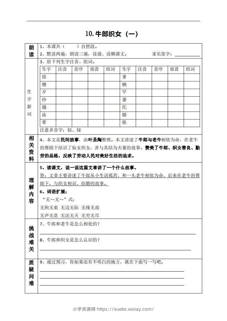 五上语文课前预习（10-15课）-六八学科资料网