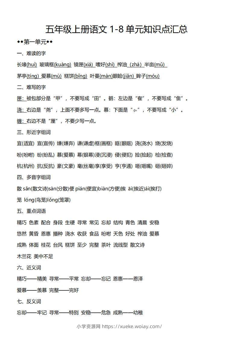 五上语文1-8单元必考知识汇总-六八学科资料网