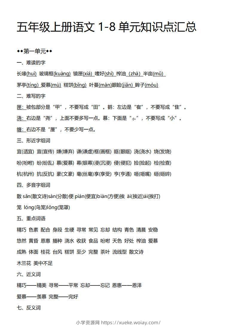 五上语文期末：1-8单元必考知识汇总-六八学科资料网