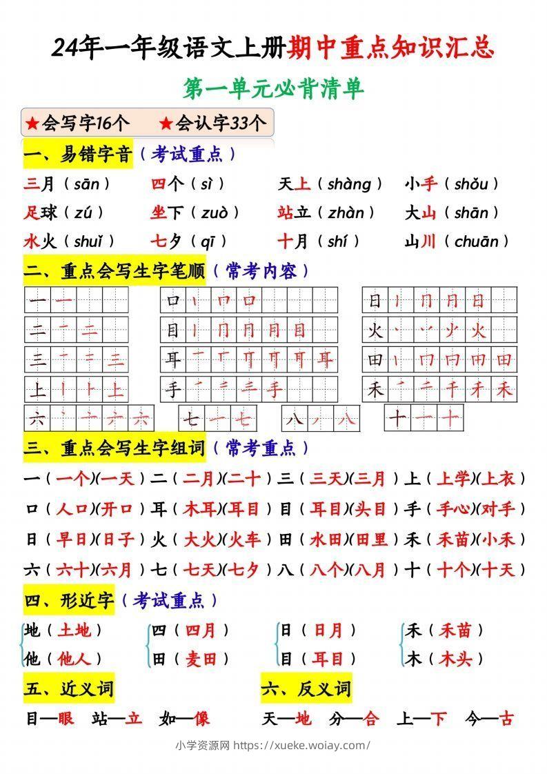 24年一年级语文上册期中重点知识汇总1_纯图版-六八学科资料网