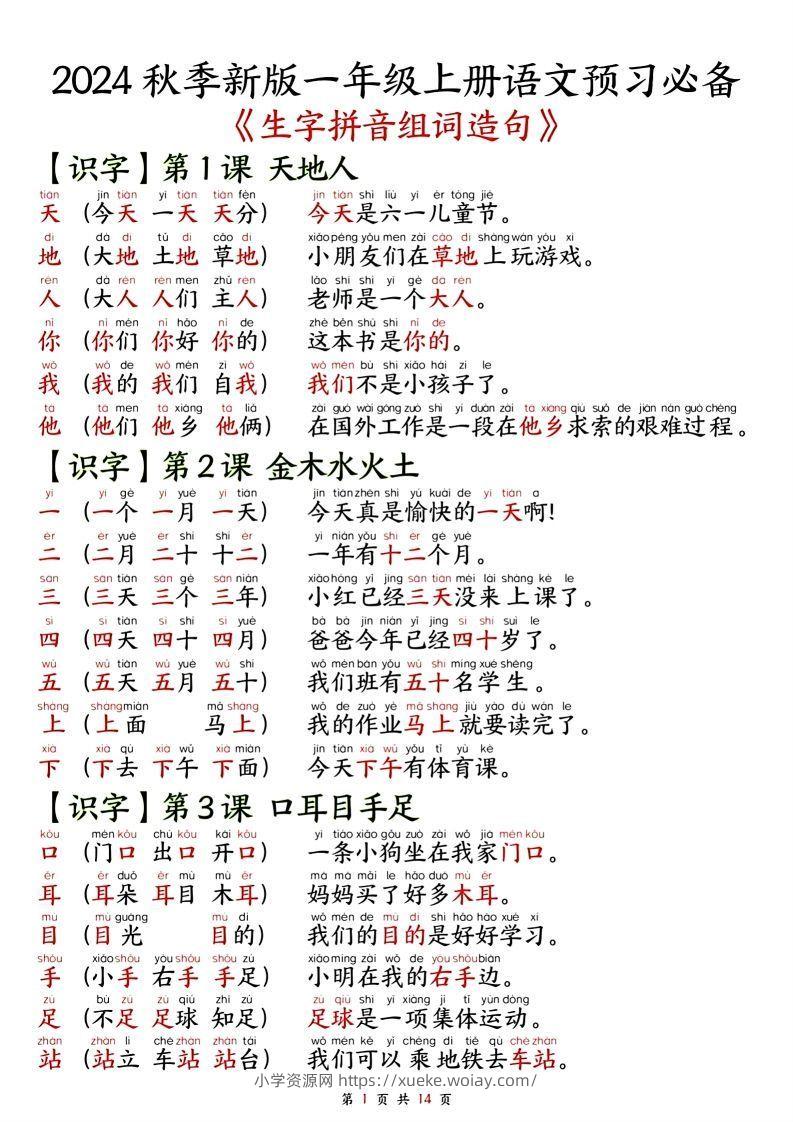 一年级上册语文单元知识要点之生字拼音组词造句-六八学科资料网