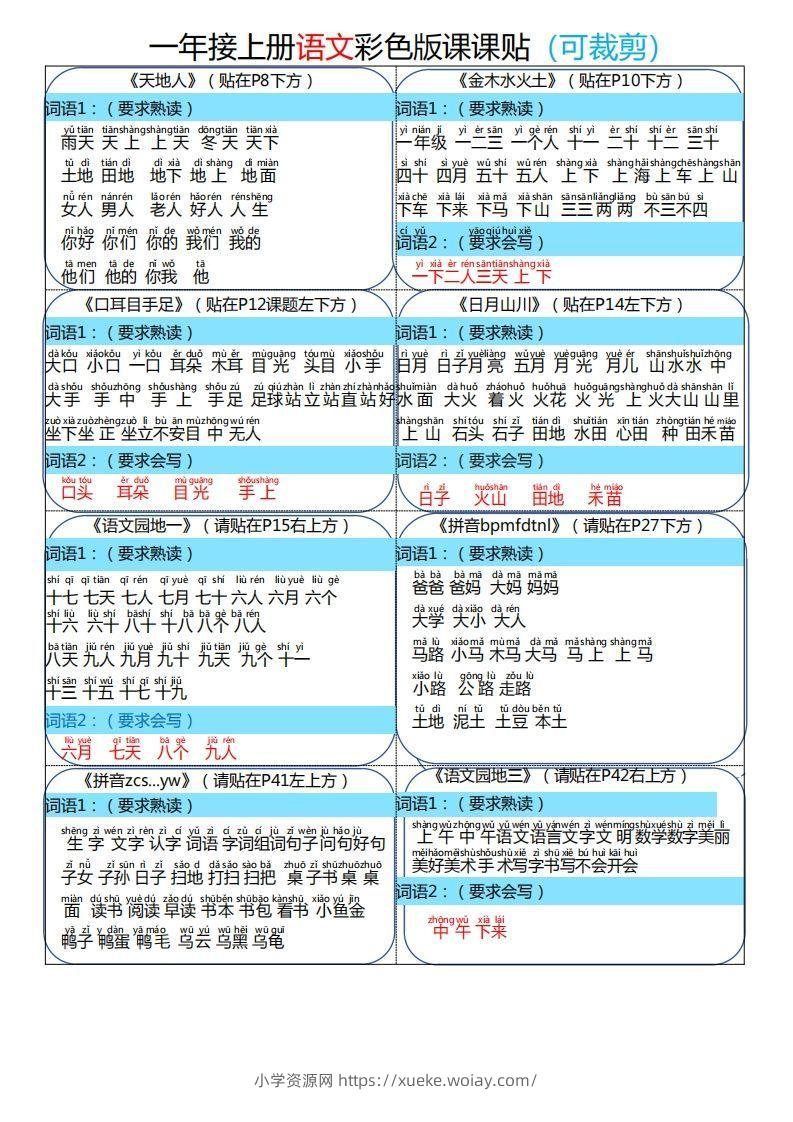 24秋一年级上册语文彩色课课贴-六八学科资料网