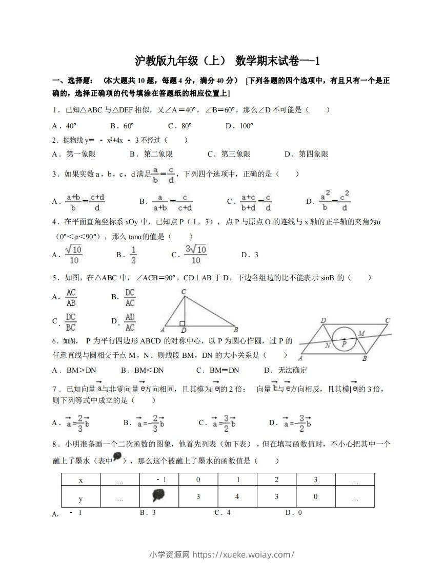 九年级（上）数学期末试卷1-1卷沪教版-六八学科资料网