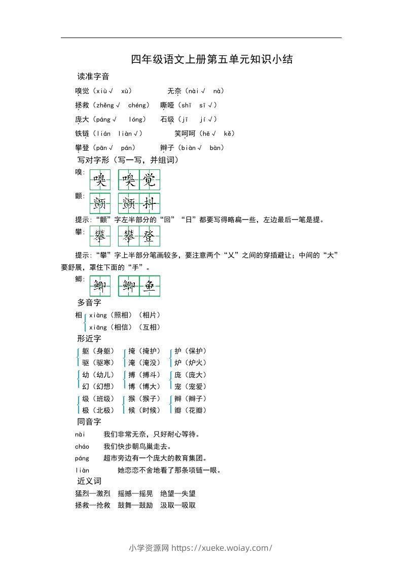 四（上）语文第五单元知识重点-六八学科资料网