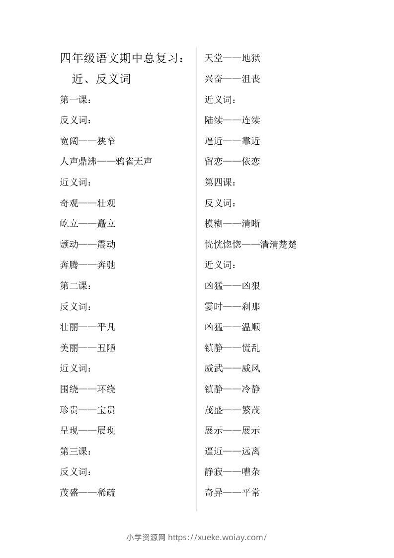 四（上）语文期中总复习近反义词汇总-六八学科资料网