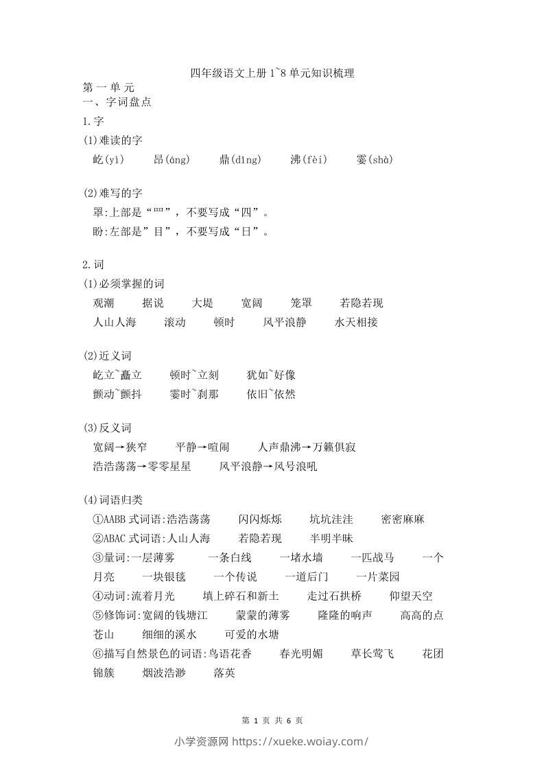 四（上）语文期末1-8单元知识点归纳-六八学科资料网