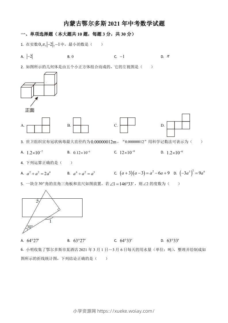 内蒙古鄂尔多斯2021年中考数学试题（空白卷）-六八学科资料网