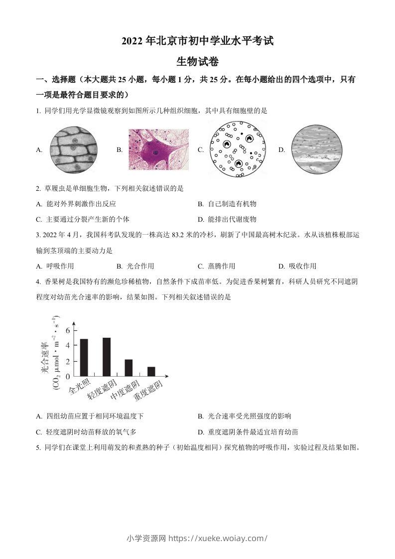 2022年北京市中考生物真题（空白卷）-六八学科资料网