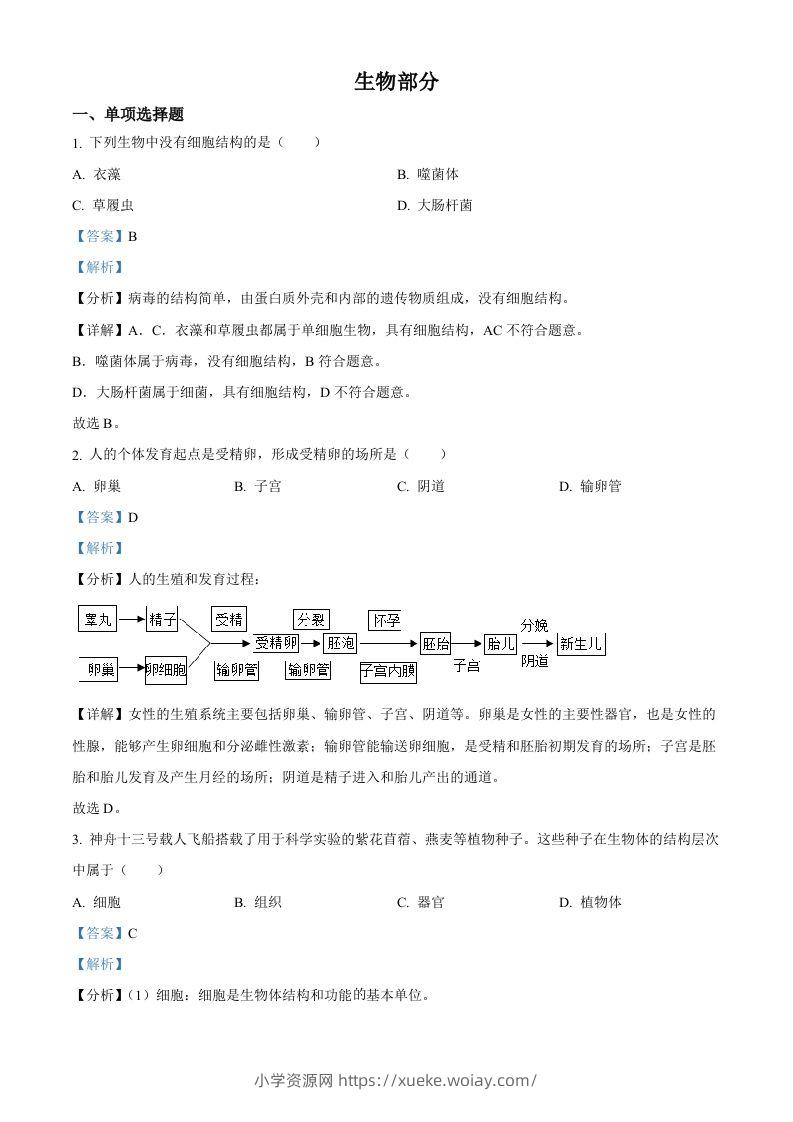 2022年江西省中考生物真题（含答案）-六八学科资料网
