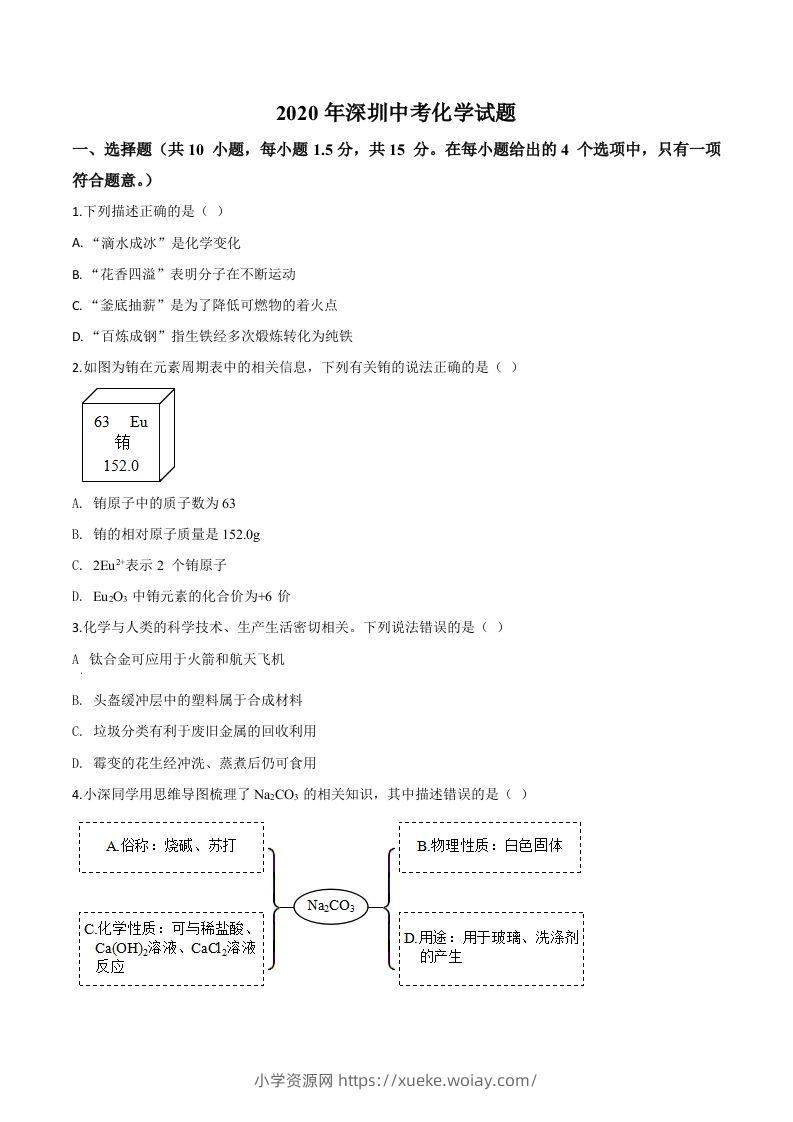 广东省深圳市2020年中考化学试题（空白卷）-六八学科资料网