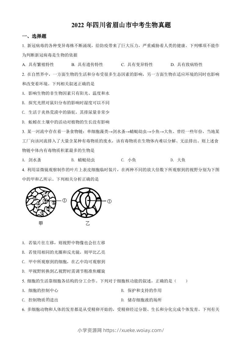 2022年四川省眉山市中考生物真题（空白卷）-六八学科资料网