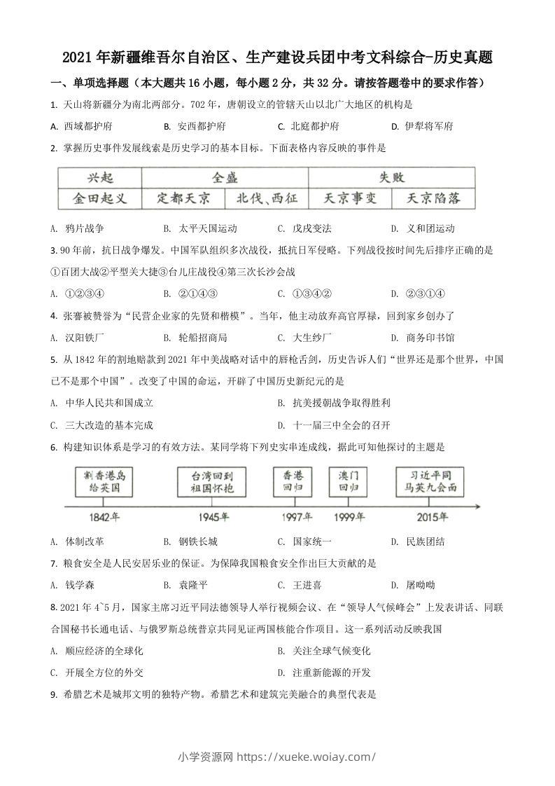 新疆维吾尔自治区、生产建设兵团2021年中考历史试题（空白卷）-六八学科资料网